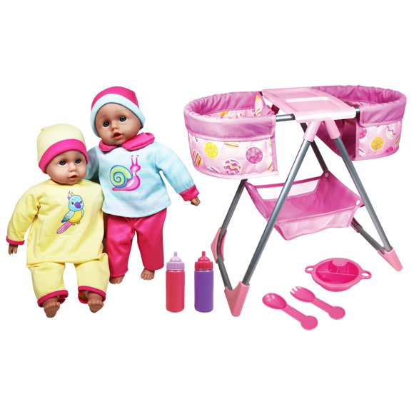 Silla alta doble Lissi y set de 2 muñecas bebé de 14" rosa y amarillo