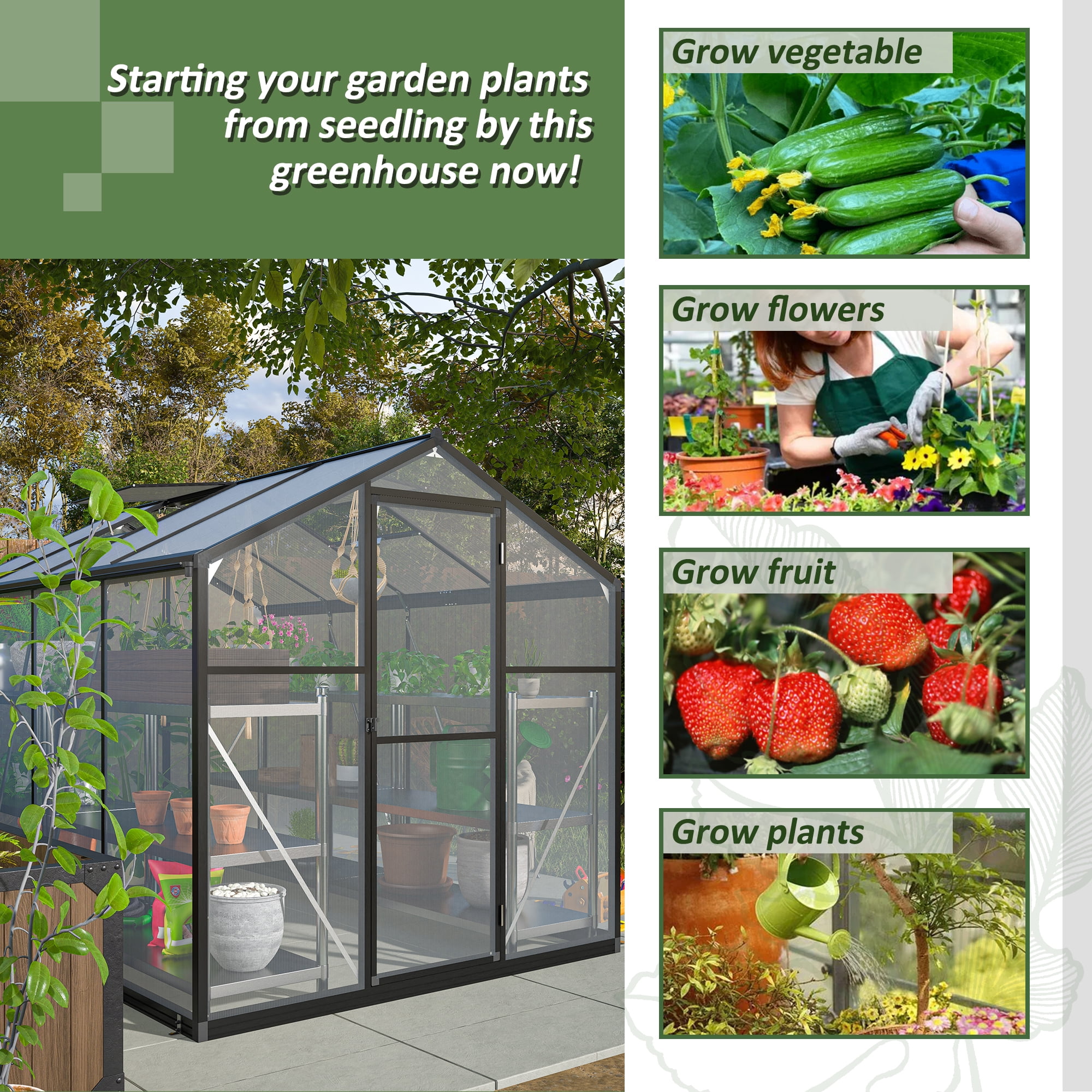 Outdoor Storage Shed 6x8 FT Greenhouse for Outdoors, Polycarbonate Greenhouse with Quick Setup Structure and Roof Vent, Aluminum Large Walk-in Greenhouse for Outside Garden Backyard, Black,Small Stor