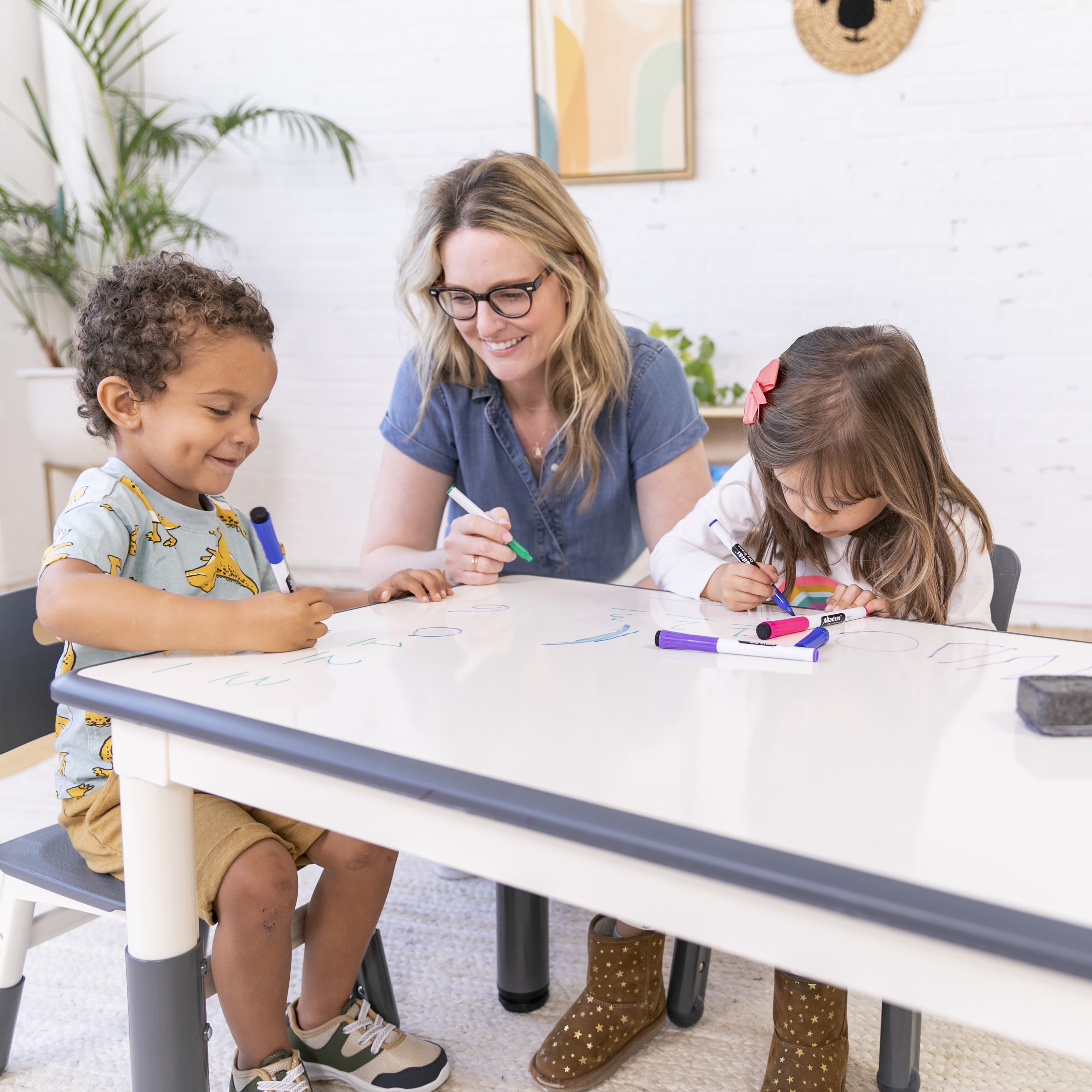 ECR4Kids Dry-Erase Rectangular Activity Table with Two Chairs, Kids Furniture, Grey, 3-Piece