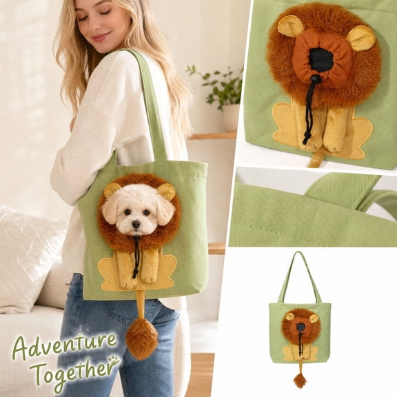 Lion Shaped Pet Carrier Tote Bag, 17.32 x 15.75 Inch Canvas Shoulder Bag with Head Hole and Adjustable Drawstring, Portable Pet Carrier for Small Dogs and Cats
