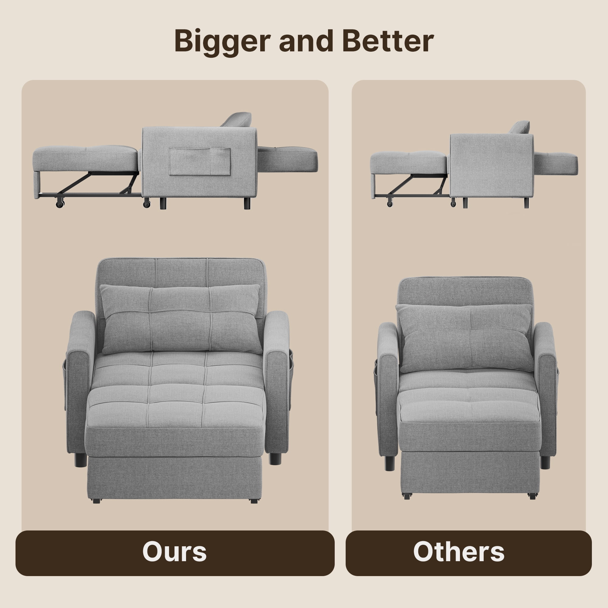 Sofa Bed Chair Convertible, Sleeper Sofa with Pull-Out Bed, 3-in-1 Futon Couch with Reclining Backrest and Side Pocket, Light Grey