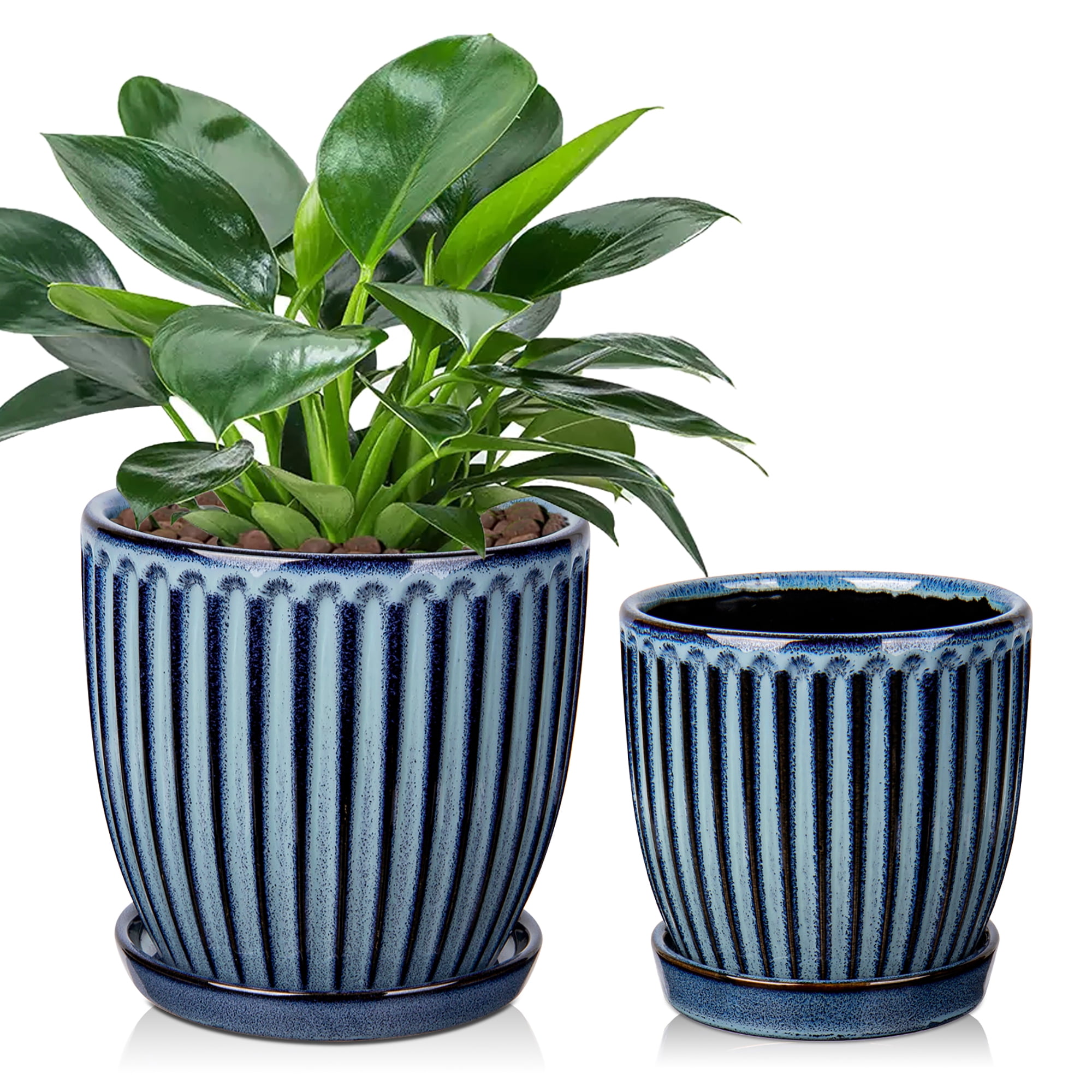 2 Pcs Ceramic Pots 4.9 &5.7 inch Plant Flowers Pots with Saucer and Drainage Holes Blue White Vertical Stripe(Plants are NOT Included)