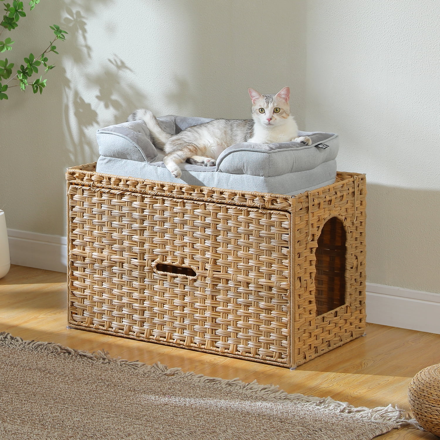PEQULTI Rattan Cat Litter Box Enclosure Pet House with Taller Doorway for Large Cats Indoor Beige
