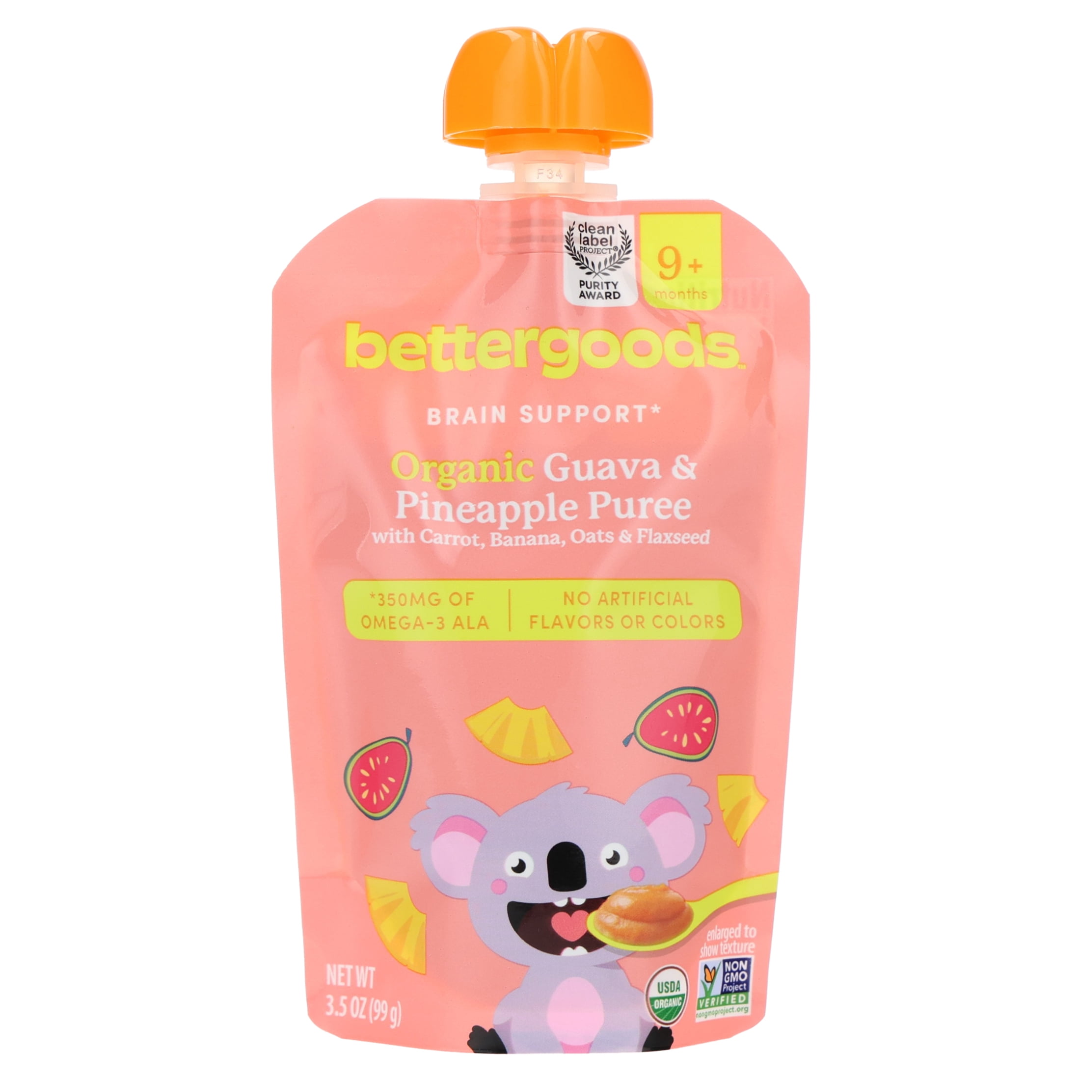 (12 pack) bettergoods Organic Stage 3 Baby Food Brain Support Blend, Guava and Pineapple Puree, 3.5 oz Pouch
