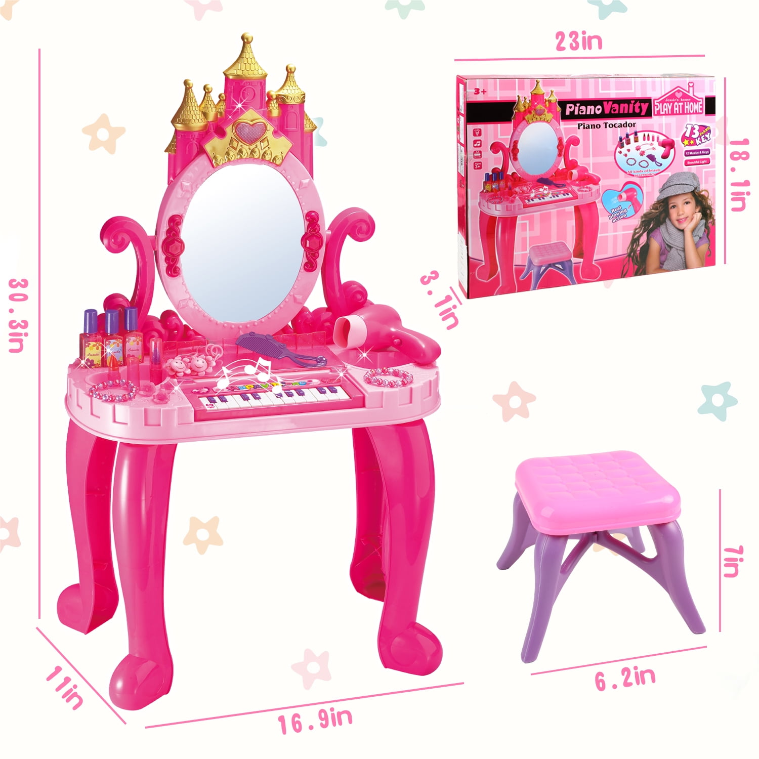 Flooyes Pretend Play Toys for Girls Toddlers, 13-key Piano Vanity Princess Toy Birthday Gift for Girl Kids Ages 3 4 5 6 Years.
