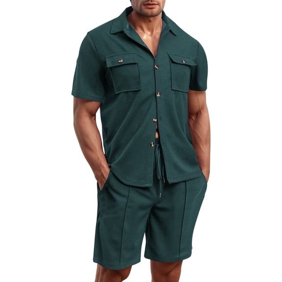 Afdoent Men's 2 Pieces Outfits 2026 Summer Men's Plus Size Pocket Short Sleeved Shirt And Shorts Set Solid Color Summer Beach Vacation Outfits