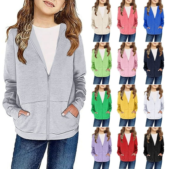 POIUYTR Girls Hoodie Sweatshirt Solid Full Zip Sweatshirt Jacket Casual Lightweight Classic Tops for 4-14T