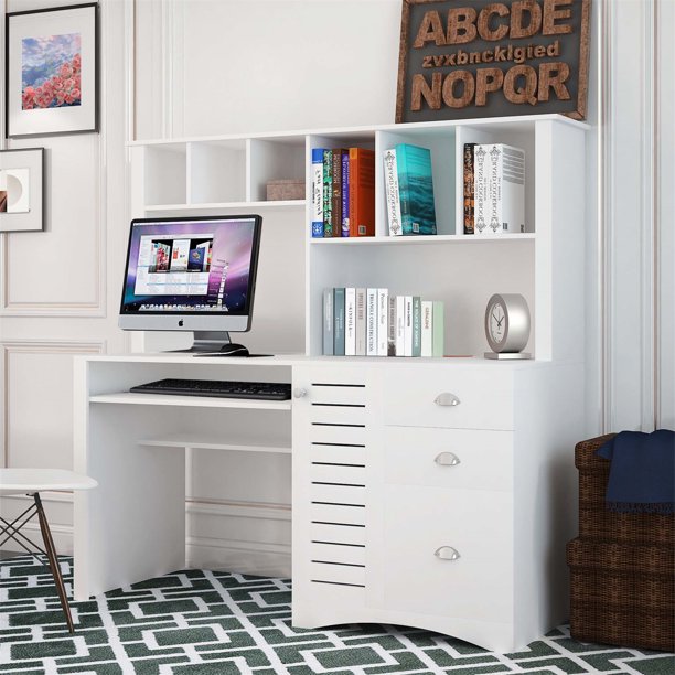 Aukfa Home Office Computer Desk with Hutch, 3 Drawers, Keyboard Tray, Study Table, White