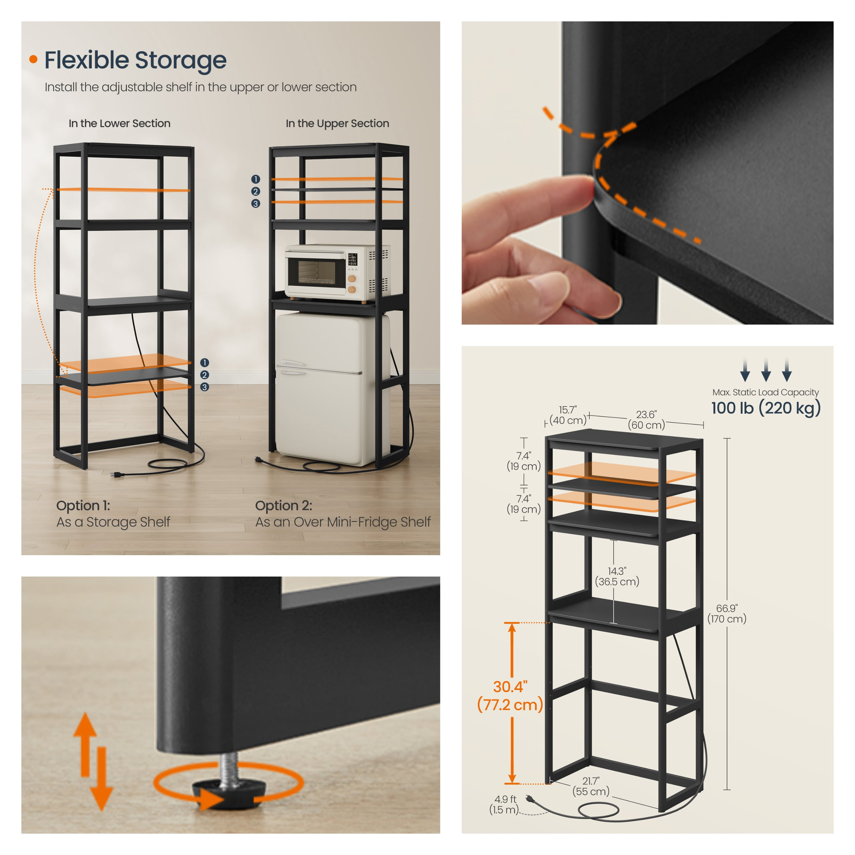 LEDREM 4-Tier Kitchen Bakers Rack with Power Outlet & Adjustable Shelf, Mini Fridge and Microwave Stand, 66.9 Inch Height, Ink Black