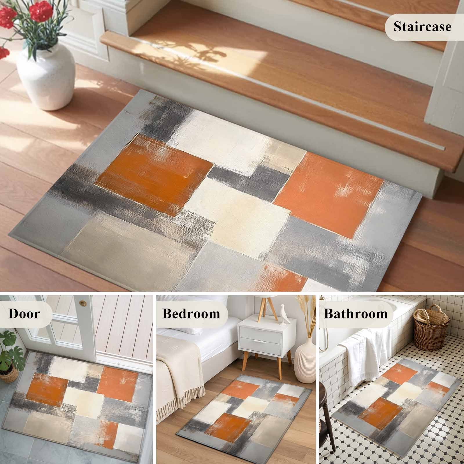 Burnt Orange Grey Area Rugs 2x3 for Living Room, Oil Painting Modern Abstract Art Non Slip Washable Rug Runner, Low Pile Indoor Floor Carpet Mat Bathroom Rugs for Bedroom, Kids Room