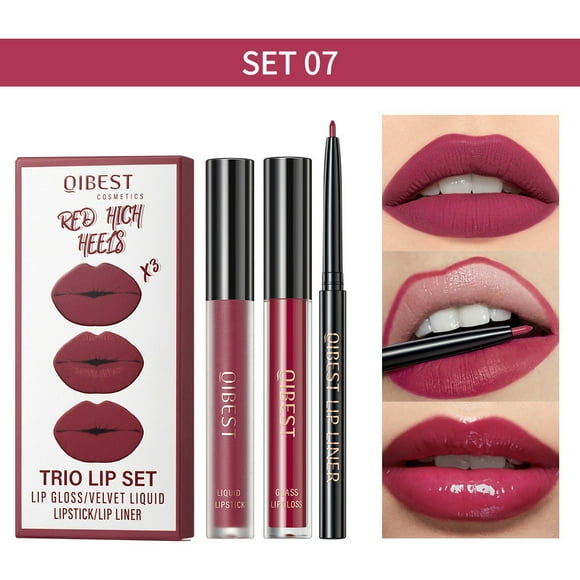 Fiudx Set En Labios 3 y 1 En Delineador Brillante, Fórmula Suave En Acético Vegetal, Kit de Belleza Sin Cruel Animal, Ideal para Citas, Regalo para Mujer, Comodidad Duradera.