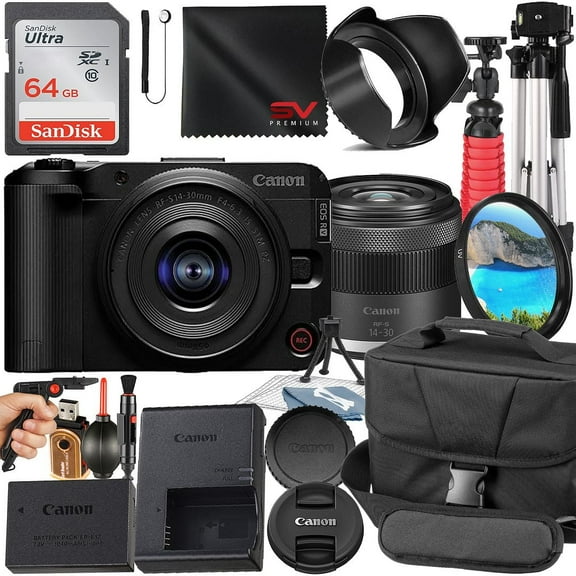 Canon EOS R50 V Mirrorless Camera with 14-30mm PowerZoom Lens   SanDisk 64GB Memory Card   Case   Tripod   SV Premium Accessory Bundle (International Version)