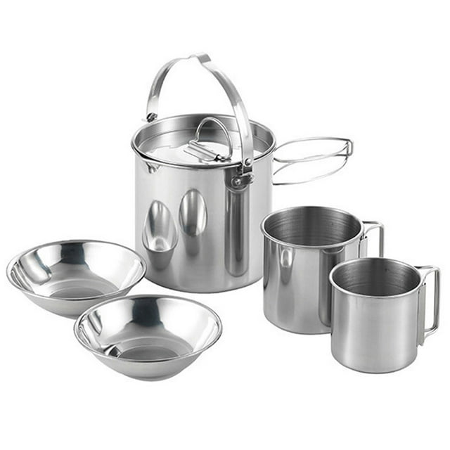Labymos 5PCS Stainless Steel Kettle with 2 Cups 2 Bowls Foldable Handles Lid Large Capacity