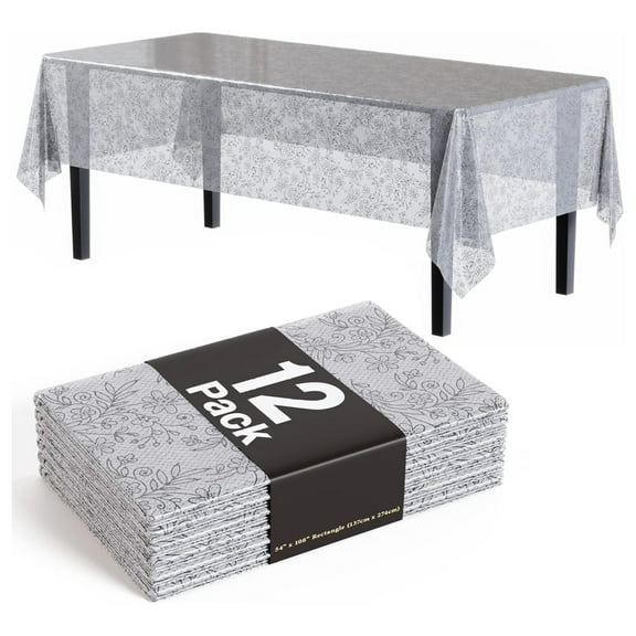 Lace Table Cloth Rectangle Table Plastic 12-Pack Lace Tablecloth Rectangular 54" X 108" | Clear & Silver Floral Tablecloth Disposable | Wild Flower Party Decorations & Party Supplies