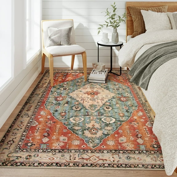 Lahome Decor 4'x6' Boho Vintage Area Rug,4x6ft Washable Bedroom Rugs,Traditional Non-slip Indoor Carpet Low Pile Foldable Ultra-Thin Vintage Rug for Living Dining Room Office Farmhouse,Red