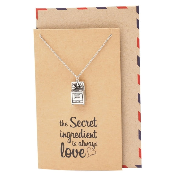 Quan Jewelry Kitchen Stove Pendant Necklace, Baking Gifts for Men and Women with Inspirational Greeting Card