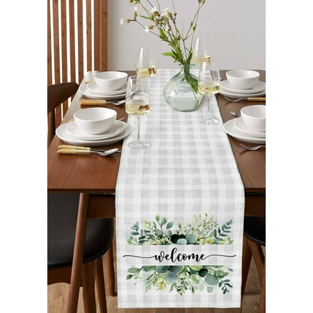 Green Eucalyptus Leaves Table Runner 13x36in Non-Slip Cotton Linen Table Runners Welcome on Gray White Plaid Dresser Scarves TableRunner for Dinner Kitchen Dining Wedding Party