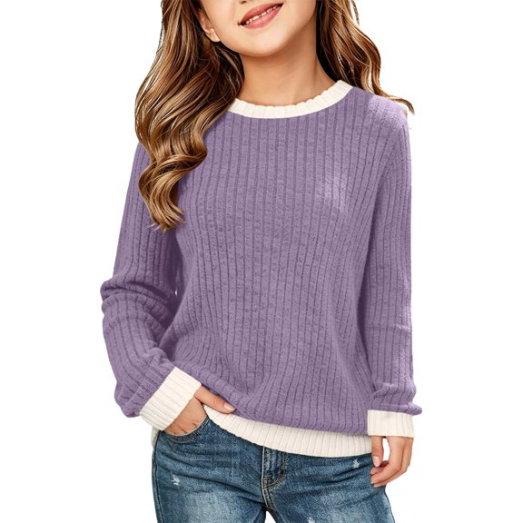 Girls Long Sleeve Ribbed Crewneck Sweater Contrast Color Block Knit Pullover Soft Warm Casual Top for Kids Fall Winter School Daily Play Layering Wear(9-10 Years,Purple)