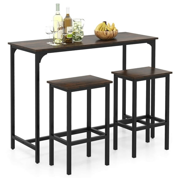 Costway 3 PCS Counter Height Table Set with Footrests Rectangular Pub Table & Chairs Brown