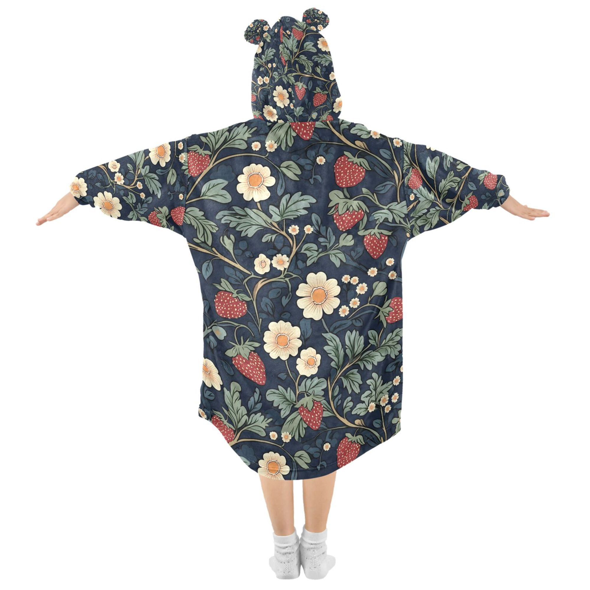 FORMRS Wearable Blanket Hoodie with Sleeves for Kids Cozy Flannel Sweatshirt, Floral Raspberry Pattern