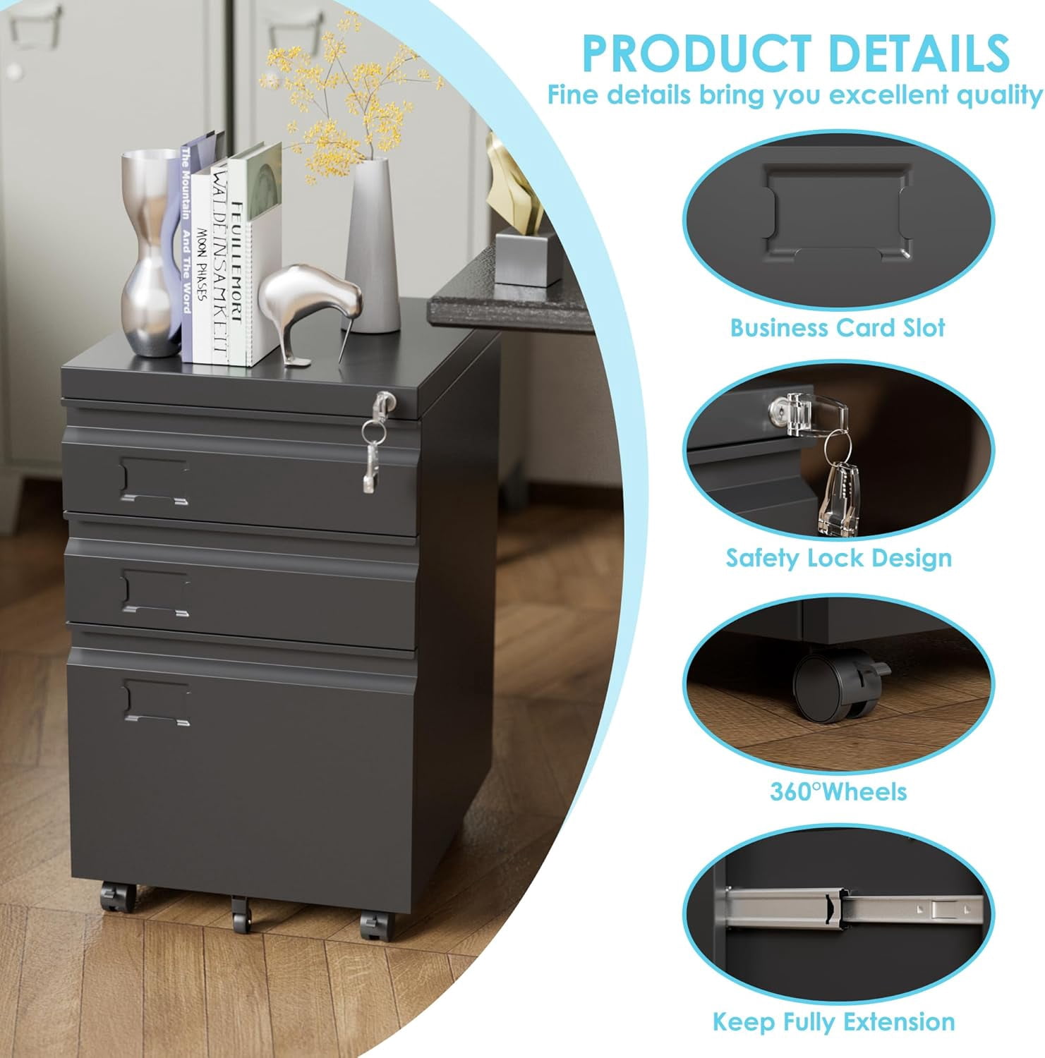 LEHOME 3 Drawer File Cabinet with Lock, Heavy Duty Metal Mobile Filing Cabinet for Home Office, Under Desk Storage Organizer with Name Holder, Fits Legal/Letter/A4 Size, Assembly Required