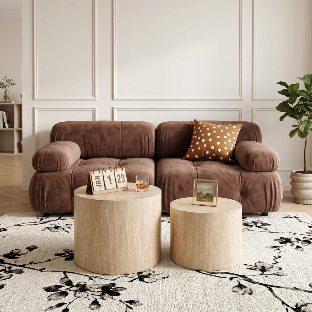 Nesting Coffee Table Set of 2, Modern Round Wood Side Tables with Non-Slip Feet, Small End Tables for Living Room, Bedroom, Office, Balcony, Small Spaces, Beige Gray