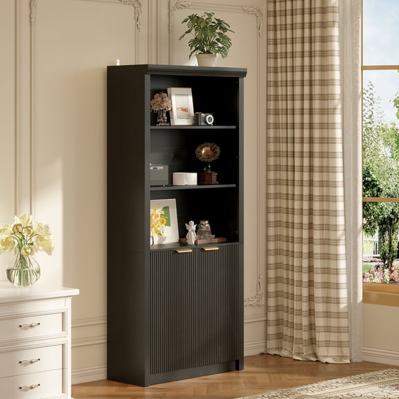 MROOBEST Tall Bookshelf with Fluted Doors Bookcase Display Shelves with Storage Cabinet 1carton Black