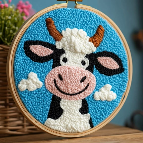 DIY Punch Needle kits A Cartoon Cute Dairy Cow Easy for Beginners Punch Needle Yarn Starter Embroidery Set for Craft lovers with Hoop for Home Decor 20x20cm(3)