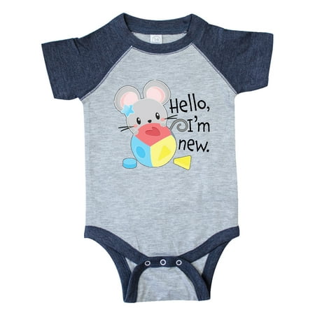 

Inktastic Hello I m New Cute Shy Mouse with Toy Gift Baby Boy or Baby Girl Bodysuit