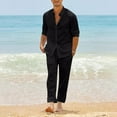 thumbnail image 5 of BiZtdJrK Mens 2 Piece Linen Sets Solid Casual Button Down Long Sleeve Shirts and Drawstring Straight Leg Pants with Pockets Summer Beach Outfits Black XXL, 5 of 9