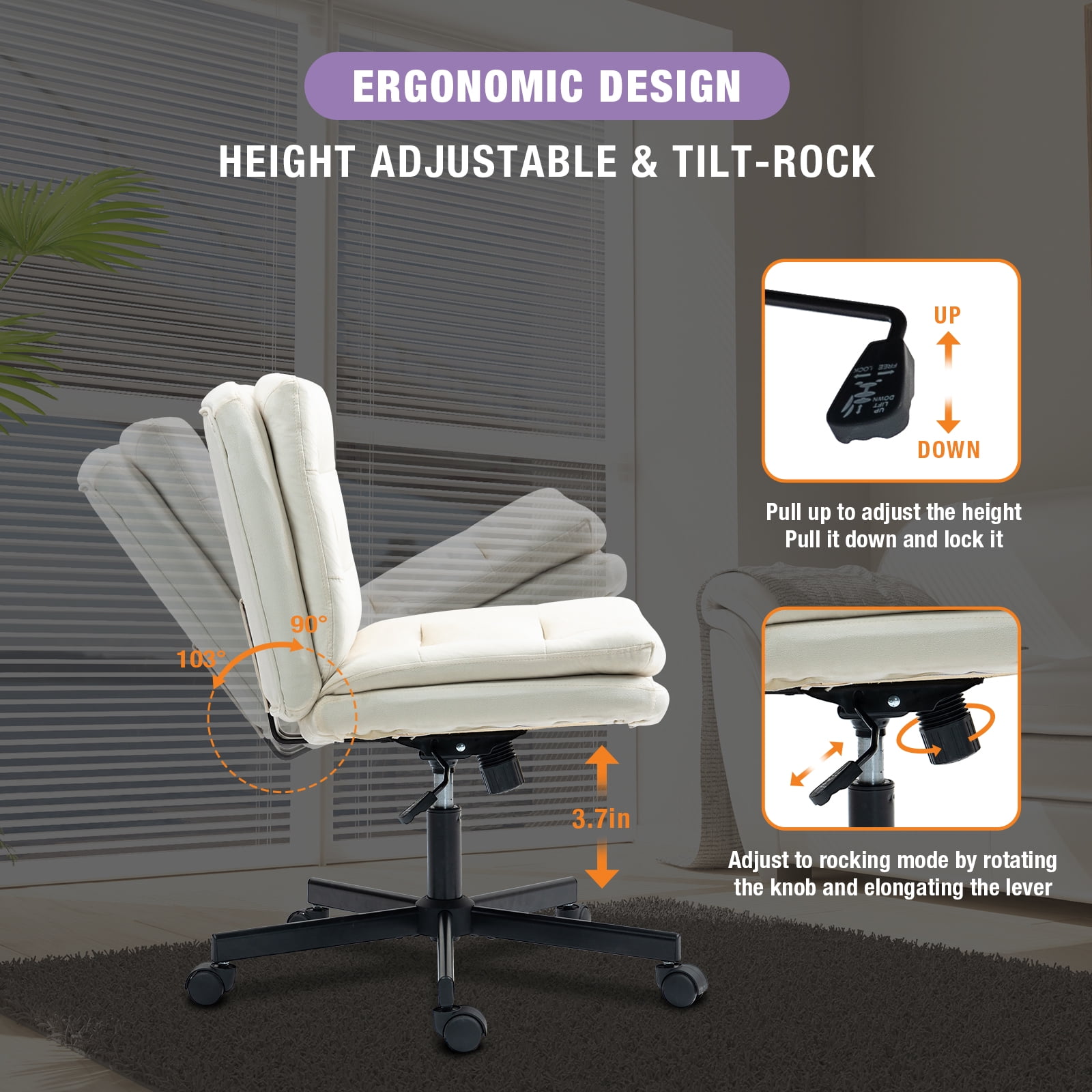Criss Cross Legged Chair Ergonomic Home Office Desks Chair with Casters, Armless Wide Comfy Vanity Desk Seat Swivel Rolling Computer Chair, Adjustable Height, Rocking Function, Beige