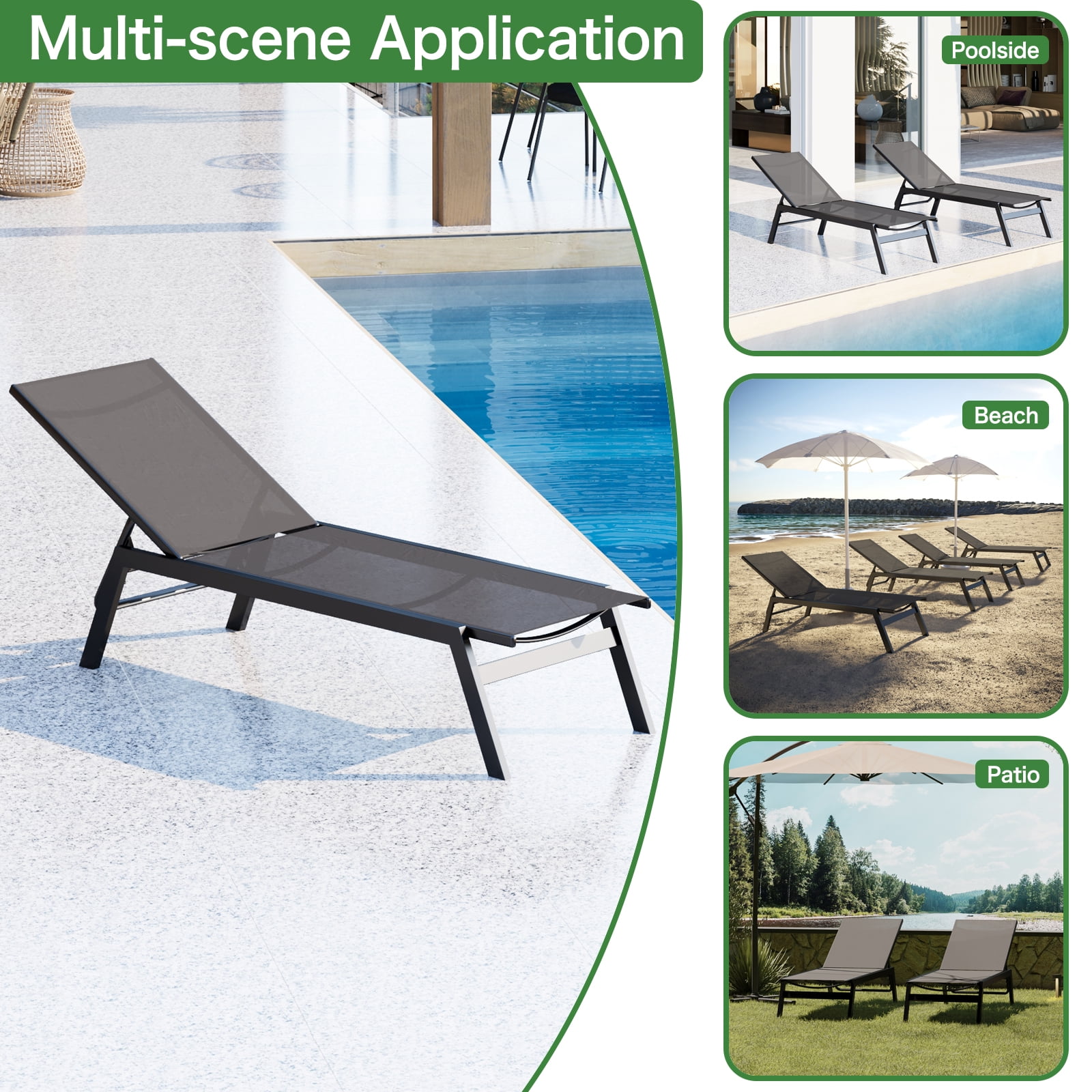 Walsport 2Pcs Outdoor Lounge Chair,Freely Adjustable Aluminum Patio Chair for Pool,Beach(Gray)