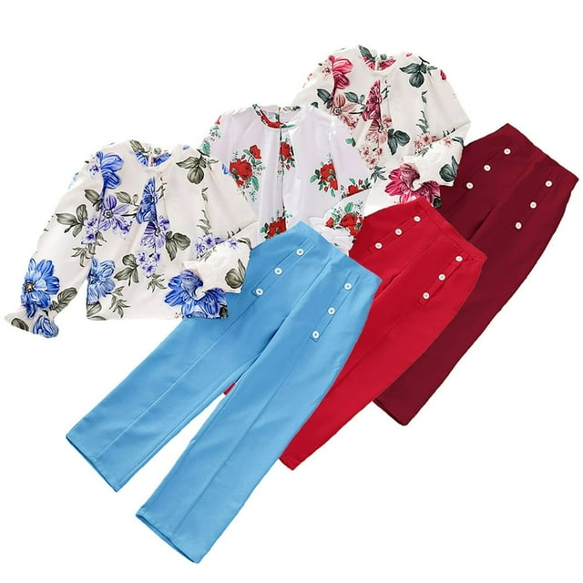 2PCS Kids Girls Long Sleeve Printed Tops T Shirts+solid Color Pants Outfit Set Spring Fall Clothes for 7-12 Years