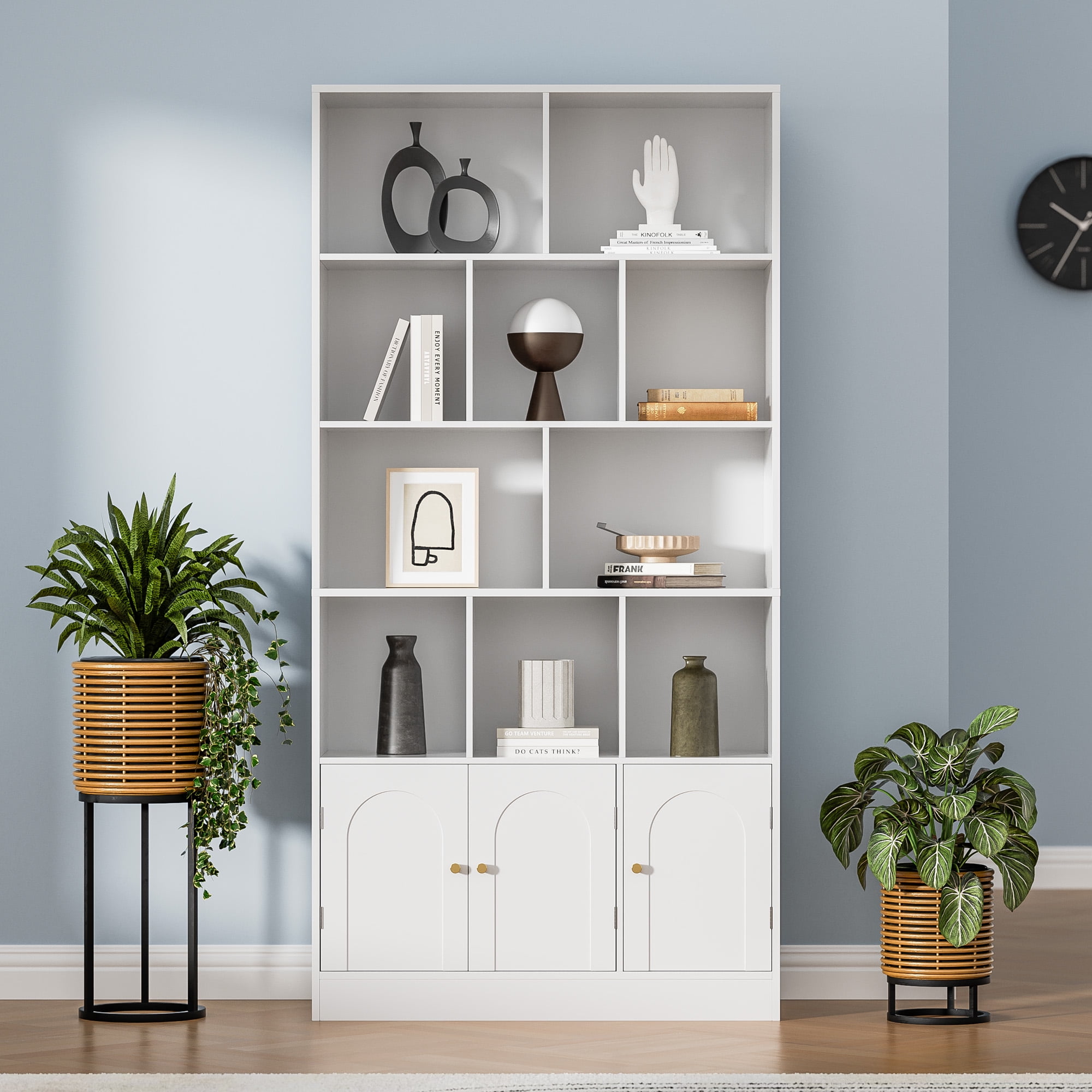 4-Tier Tall Bookshelf with 3 Doors, 71" Open Shelf Bookcase with 10 Cubes, Modern Cube Storage Organizer for Living Room, and Office, White