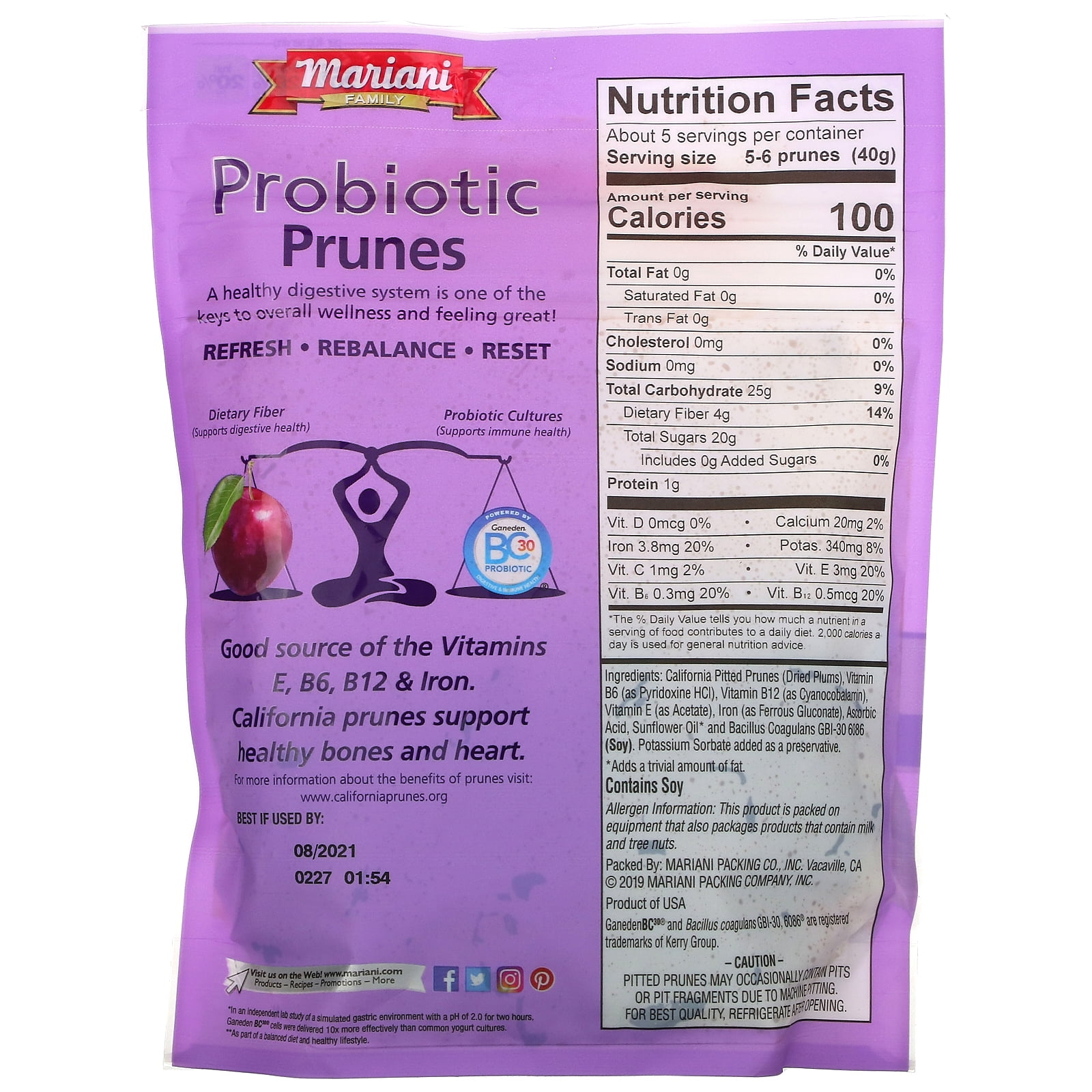 Mariani Dried Fruit, Family, Probiotic Prunes, 7 oz Pack of 4