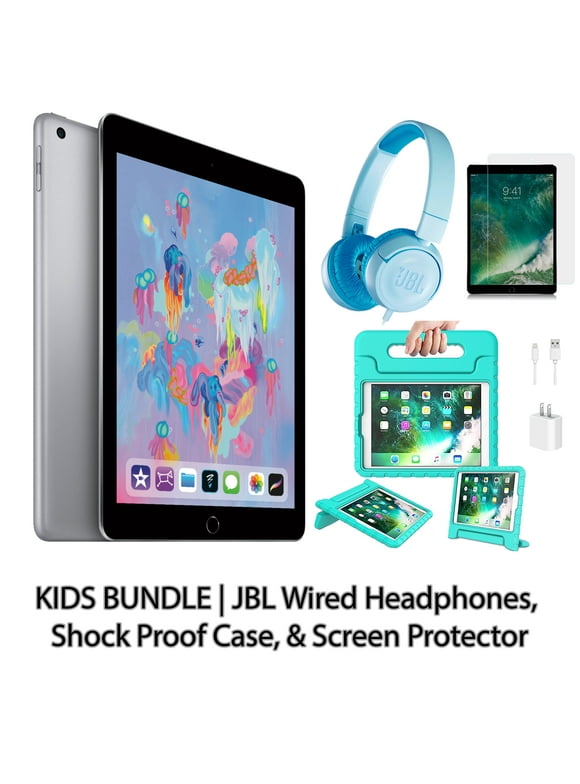 Restored Apple iPad 6 9.7" 32GB Space Gray (Wifi) with Kids Bundle JBL Wired Headphones, Shock Proof Case, & Screen Protector (Refurbished)