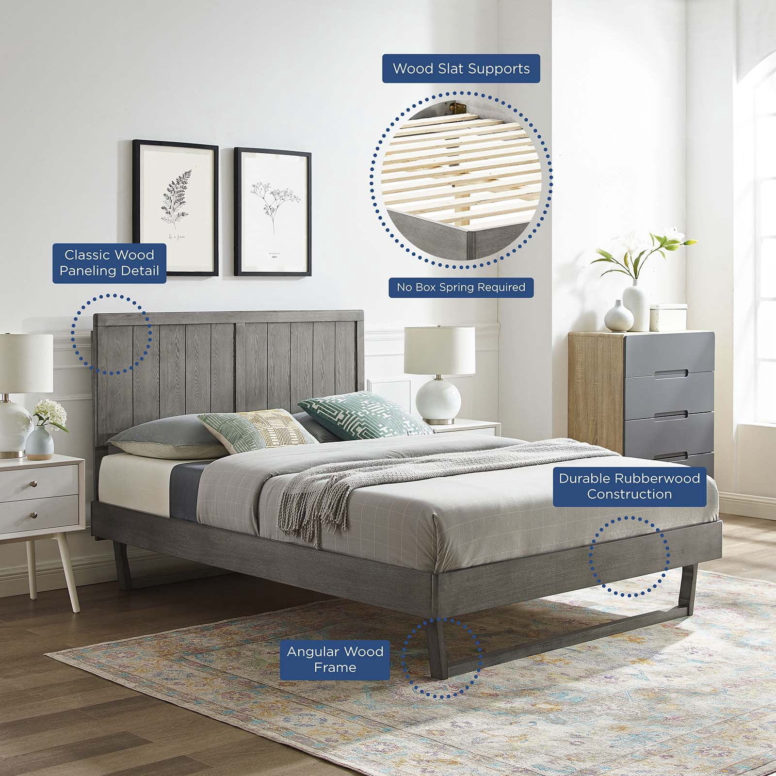 Platform Bed Frame, King Size, Wood, Grey Gray, Modern Contemporary Urban Design, Bedroom Master Guest Suite
