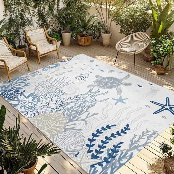 Blue Coastal Outdoor Rug 6x9 Ft - Reversible Patio Rug Outdoor Camping Rugs, Summer Beach Turtle Coral Starfish Jellyfish Indoor Outdoor Area Rugs, Non-Slip Outdoor Carpet Runner for Deck/Porch