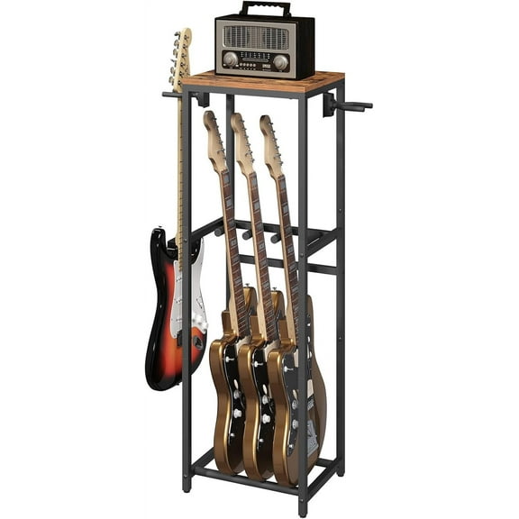 Guitar Stand, Guitar Rack for Acoustic Holder, Electric Guitar, Bass, Multiple Guitar Rack Holder for 3 Guitars, Guitar Amp Accessories, for Home Music Studio, Rustic Brown and Black