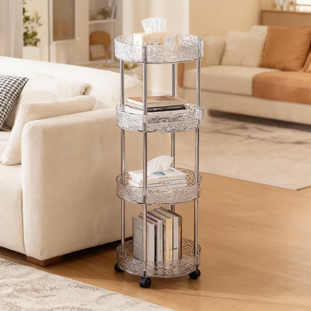 QTOCIO Four Tier Kitchen Bathroom Living Room Shelf Floor Storage Rack Multi-Layer Transparent Storage Cabinet Movable Trolley