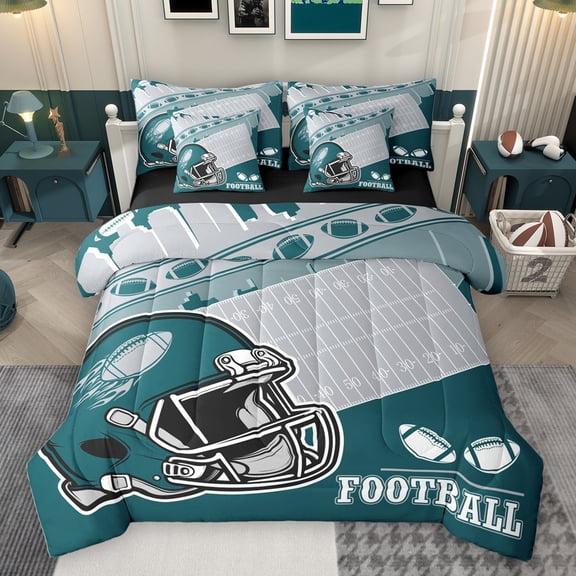 Manfei Green Football Helmet 7-Piece Twin Bedding Sets,Rugby Sport Bedding Comforter Set,Boys Ball Game Sheet Sets For Kids,Ultra Soft Home Decor Reversible