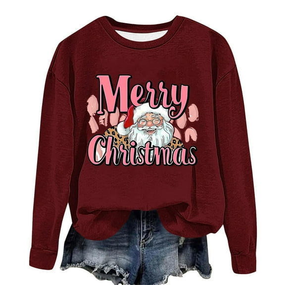 asdoklhq Sweatshirt for Women Christmas Printed Crew Neck Long Sleeve Pullover Hoodie Wine S