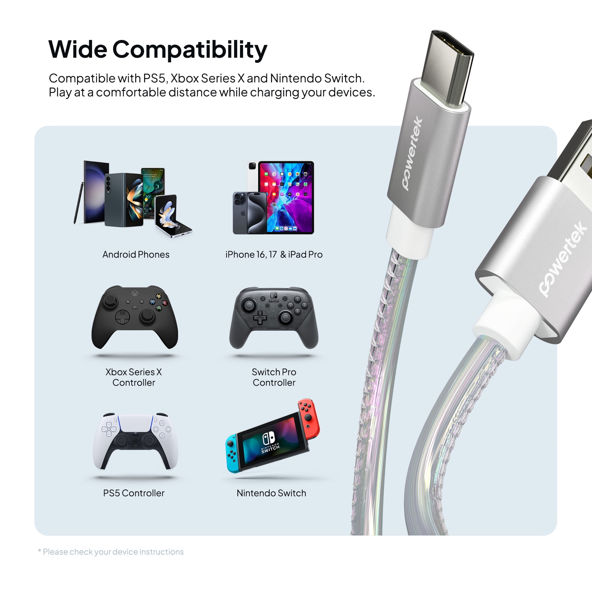Powertek USB-A to USB-C (Type-C) Metallic Shine Pastel Charging Cable, 6 ft, Silver