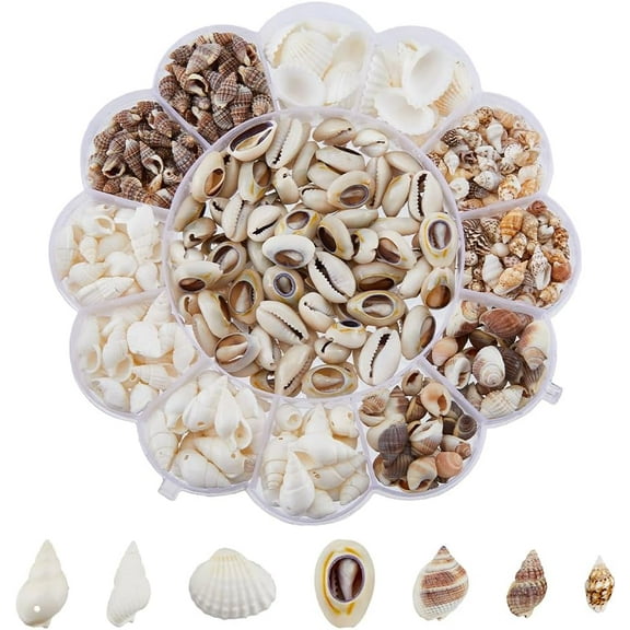 413pcs 7 Styles Mini Sea Shells Bulk Natural Conch Cowrie Spiral Shell Ornament Sets No Hole Craft Seashells Beads