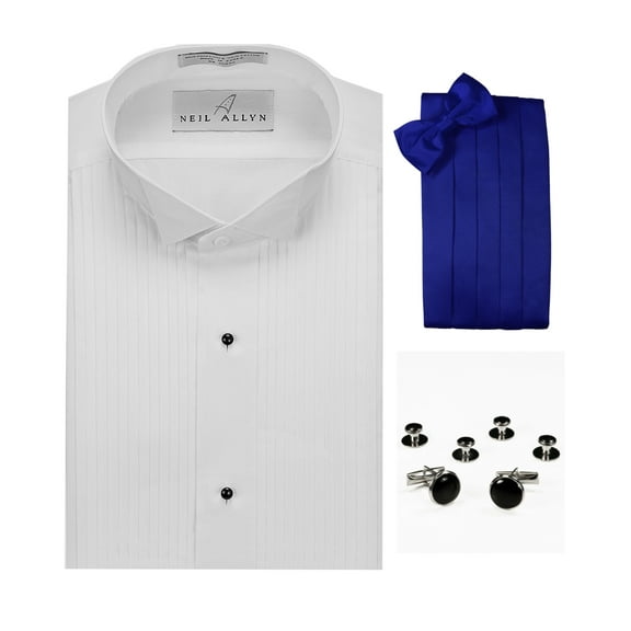 Wing Collar Tuxedo Shirt, Royal Blue Cummerbund, Bow-Tie, Cuff Links & Studs Set
