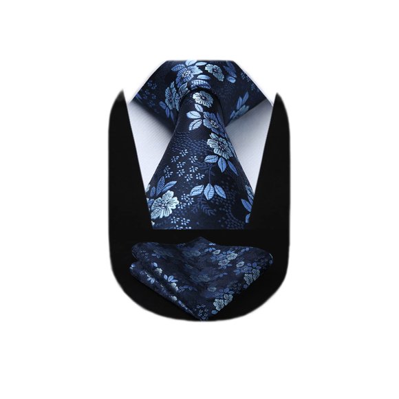 HISDERN Men's Floral Tie Handkerchief Jacquard Woven Classic Men's Necktie & Pocket Square Set,Navy Blue,8.5cm / 3.4 inches in Width