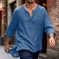 thumbnail image 3 of Men Linen Shirts Summer 3/4 Sleeve Tops Plus Size V Neck Gauze Blouses Dressy Casual Loose Clothes,Blue,5XL, 3 of 8