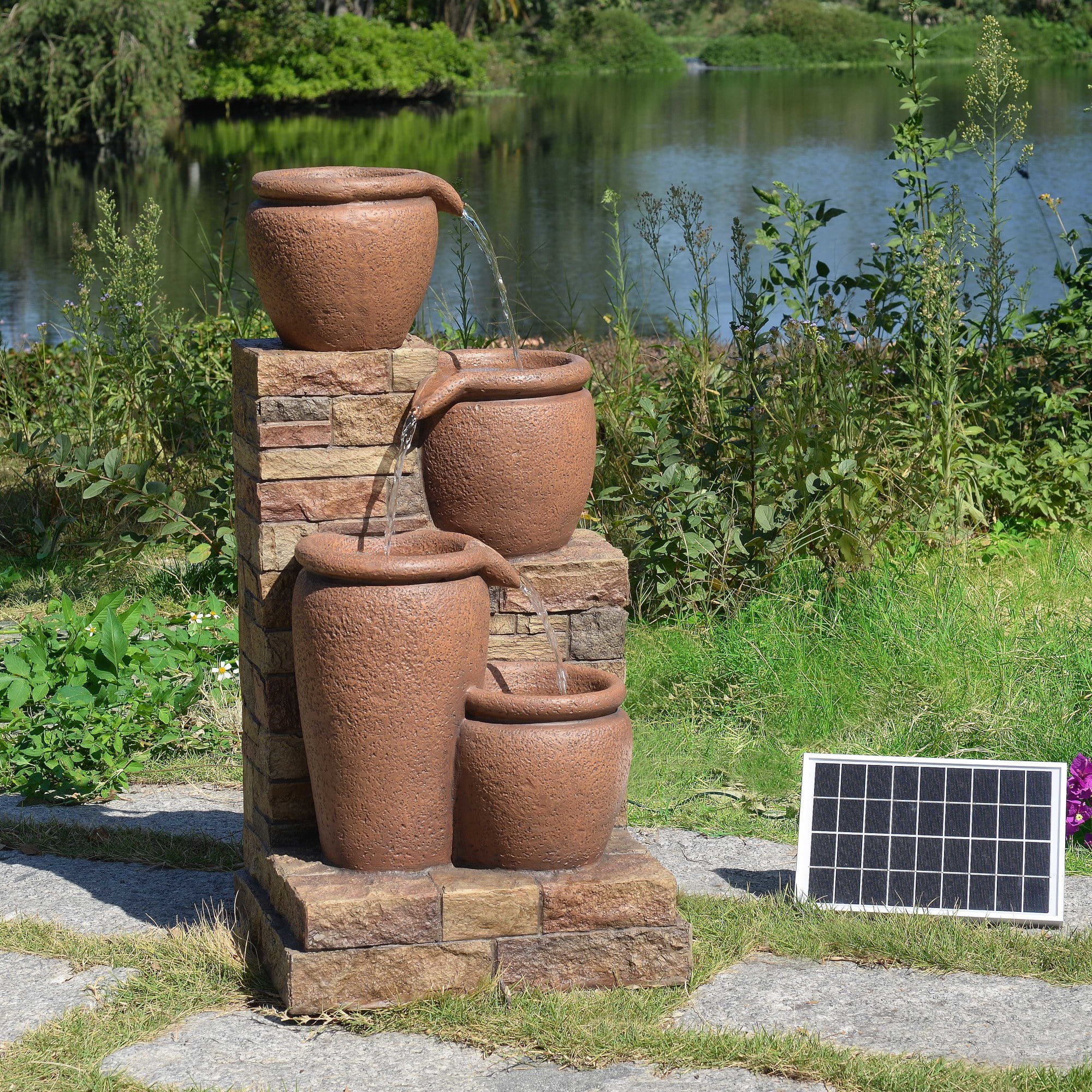 Teamson Home 4-Tier Outdoor Cascading Bowl Stacked Stone Solar Powered Water Fountain with LED Lights, Brown