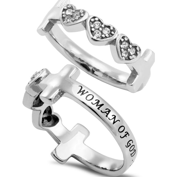 WOMAN OF GOD Three Heart Ring with Cross, Stainless Steel