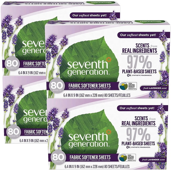 Seventh Generation Dryer Sheets, Fabric Softener, Fresh Lavender Scent, 80 Count, Pack of 4